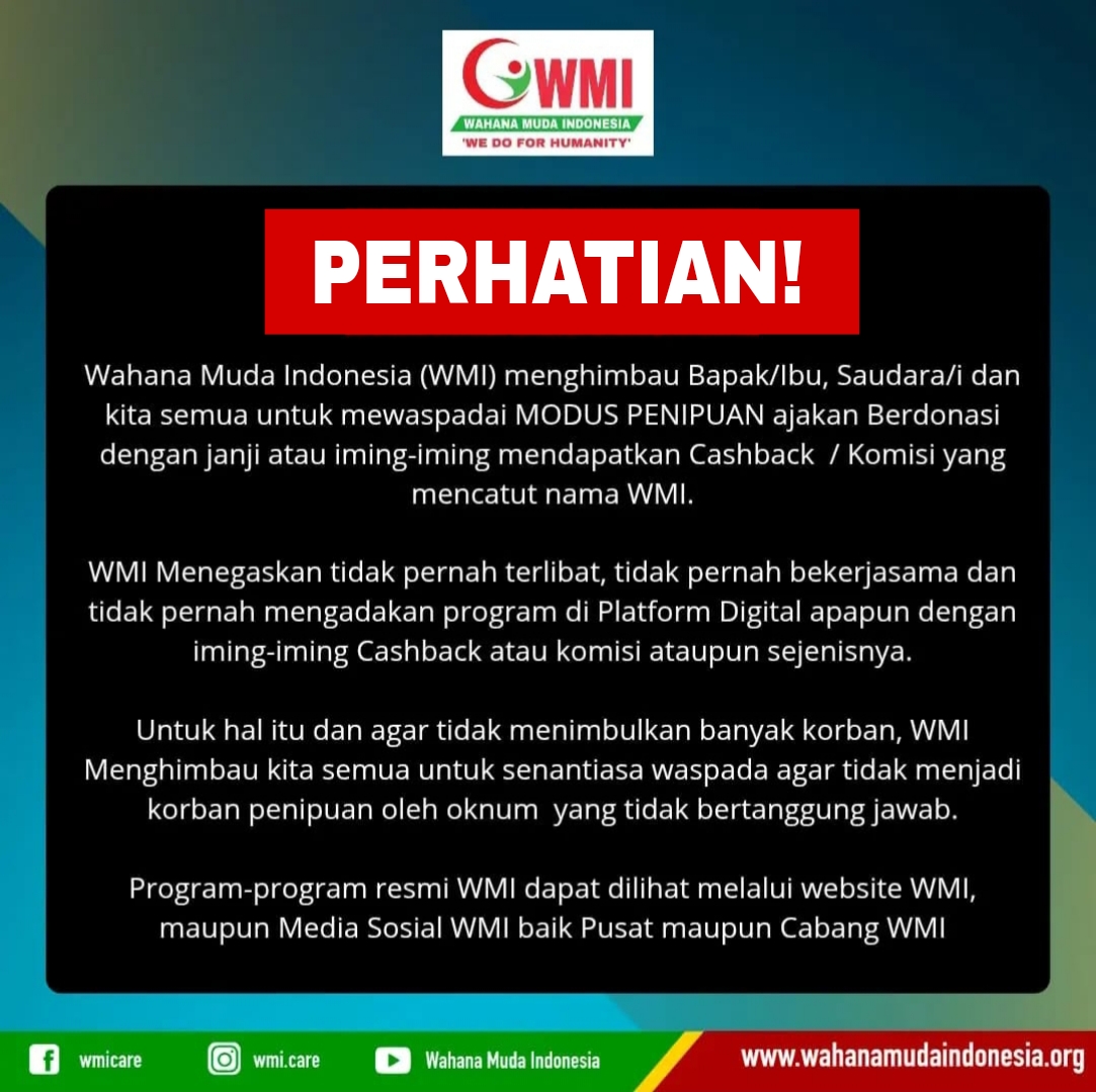 Waspadai Modus Penipuan Donasi Mencatut nama WMI dengan iming-iming Cashback